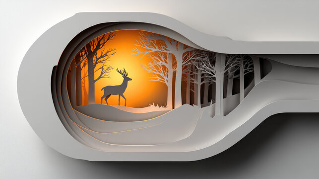 Intricately layered paper shadow box featuring a graceful deer walking through a forest of cutout trees, artfully backlit to emit a warm, orange glow and creating a captivating sense of depth