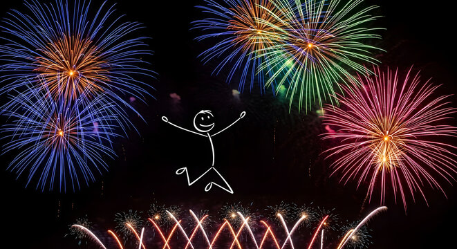Happy stick figure jumping with colorful fireworks exploding in night sky