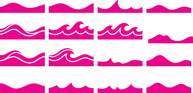 Set of pink wave patterns with various and styles waves swirls