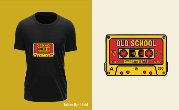 Vintage cassette tape design on black tshirt and closeup view on beige background  old school music symbol