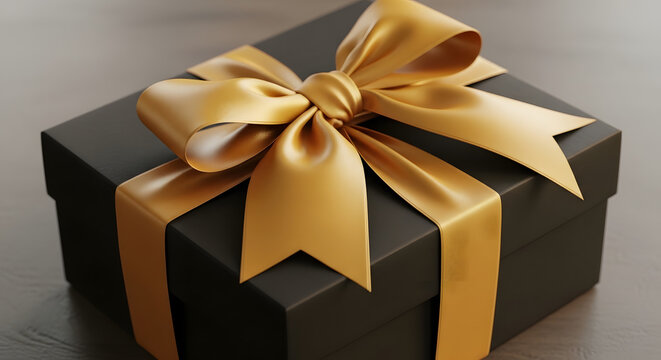 Black gift box tied with a shiny gold ribbon and bow