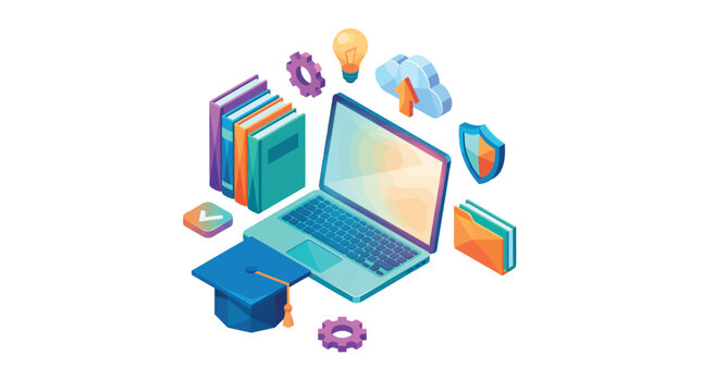 Isometric laptop computer surrounded by academic study icons representing digital education and modern online learning tools