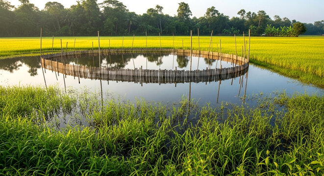 A circular bamboo fish trap enclosure in the middle of a vibrant green rice paddy field in rural bangladesh