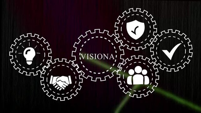 Animated business strategy concept featuring interlocking gear representing corporate vision, teamwork, innovation, security, and success for presentations and marketing