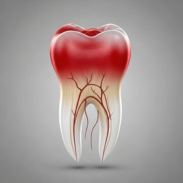 Anatomical human tooth with inflamed red pulp and visible blood vessels, painful toothache medical illustration, dental pulpitis and nerve sensitivity