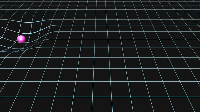 Force of gravity, pink sphere, massive object warp three-dimensional space. Physics, force of attraction, wire frame, relativity between space and time, science, education.
