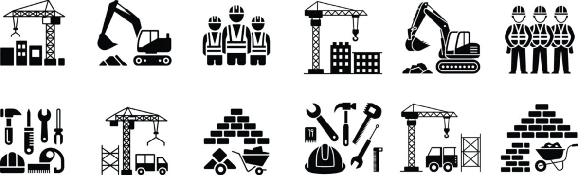 Extensive collection of black vector construction site and worker icons cranes excavators builders tools bricks building materials with construction excavator building