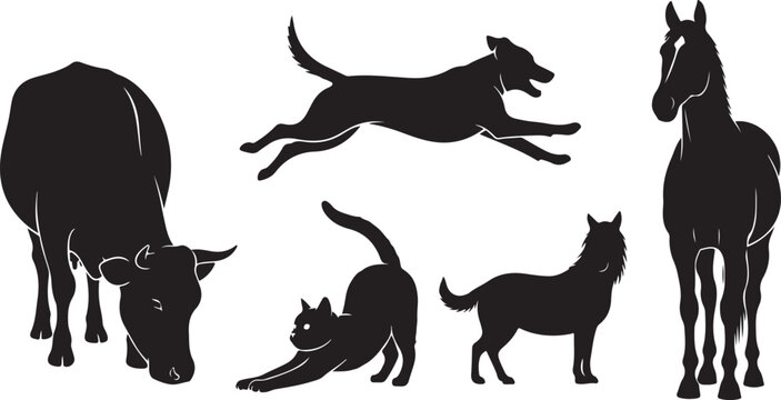 Black and white of various animals in profile animal silhouettes horse goat des