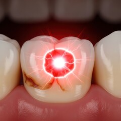 Close up of a tooth with severe decay and dental pain isolated on white background