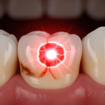 Close up of a tooth with severe decay and dental pain isolated on white background