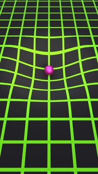 Force of gravity, pink sphere, massive object warp three-dimensional space. Physics, force of attraction, wire frame, relativity between space and time, science, education.