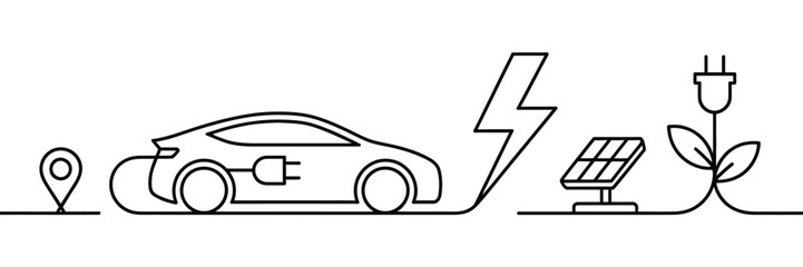 Obraz premium Continuous one line drawing of electric car charging at a station with solar panels, battery energy, and eco-friendly plug icon for sustainable transportation.