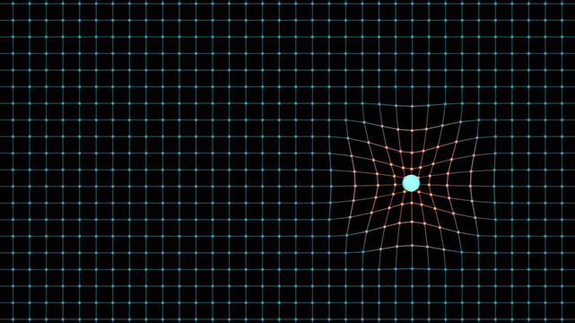Kinetic energy, force of gravity, massive object warp wire frame space. Physics, force of attraction, wire frame, relativity between space and time, education, science.