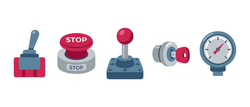 Industrial Control Buttons and Switches Set: Stop Button, Joystick, Key Ignition, and Pressure Gauge for Machinery Interface Design, Isolated Flat Vector Icons for Automation and Factory Equipment Sys