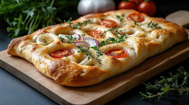 Focaccia bread art creating a garden design with fresh tomatoes, red onions, and thyme herbs, depicting rustic Italian baking and gourmet culinary creativity