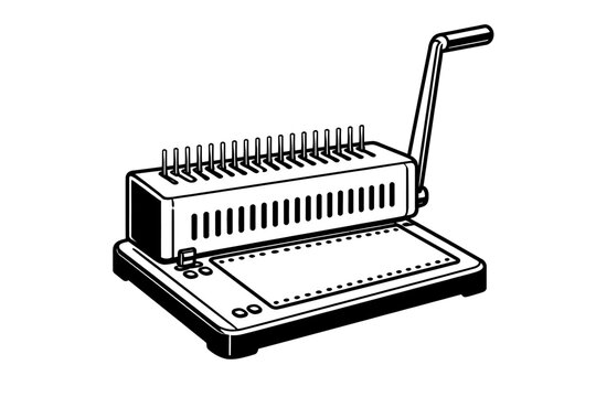 A black and white illustration of a manual binding machine with a handle on a white background