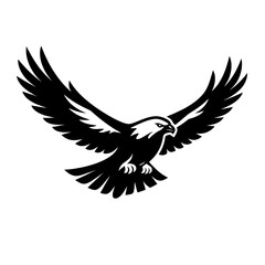 Fototapeta premium A black silhouette of an eagle in mid-flight with wings spread wide and talons extended on white background