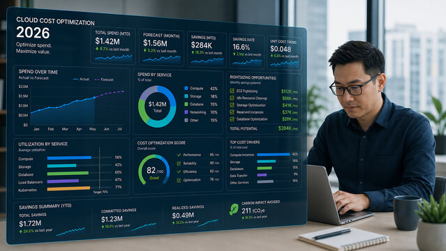 Businessman analyzing cloud cost optimization dashboard with futuristic holographic interface