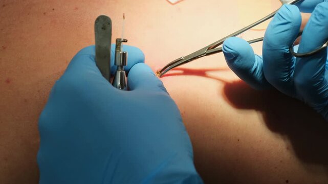 Doctor uses surgical forceps to remove mole from patient skin in hospital slow motion. Dermatologist cuts out carcinoma in clinic closeup