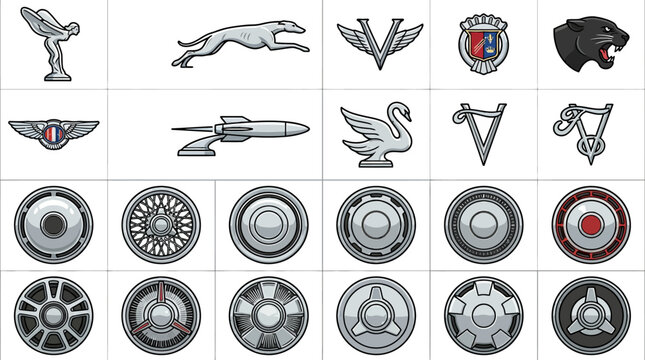 Car Emblems and Wheel Hubcaps.