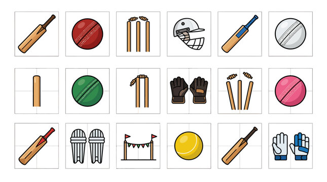 Cricket Sports Equipment Icons.