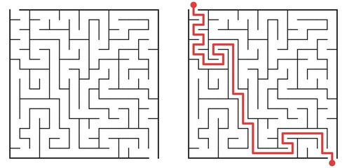 Easy square maze labyrinth for kids with solution path, black lines on white background. Simple puzzle game for children, educational activity, logic and problem solving © Mariia