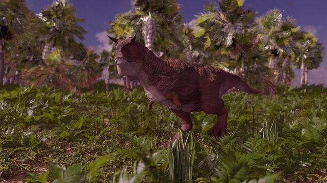 4k 3d animation of Carnotaurus with horns walking forward through a dense prehistoric jungle of palms and ferns, with a partly cloudy sky