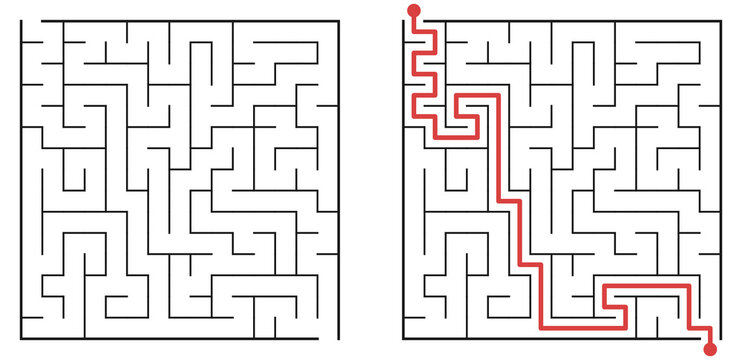 Easy square maze labyrinth for kids with solution path, black lines on white background. Simple puzzle game for children, educational activity, logic and problem solving