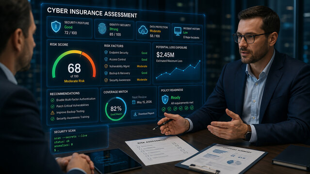 Businessmen analyzing cyber insurance assessment and risk management dashboard on futuristic holographic screen