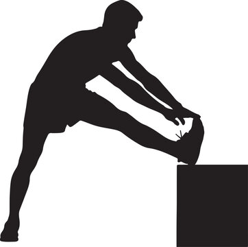 Silhouette of a man stretching his hamstring on a black box