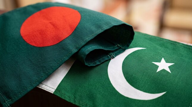 Flags of bangladesh and pakistan side by side with green, red, white, and star symbols