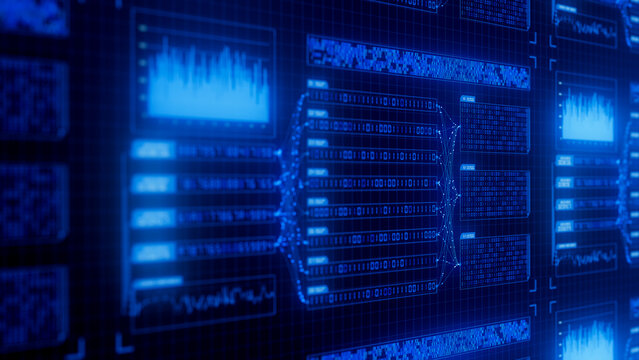 Abstract blue big data flow visualization of binary neural network learning process. Quantum computing of artificial intelligence. Futuristic digital ai technology algorithm of data stream.