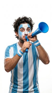 Enthusiastic Argentine Fan Blowing Vuvuzela Close Up Isolated