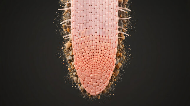 3D plant root tip cross section showing cell division meristem zone soil particle