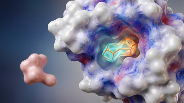 3D enzyme protein receptor binding site with drug molecule ligand docking closeup