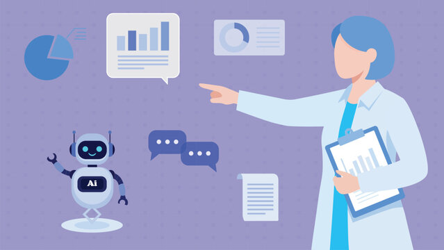 Businesswoman Presenting Data Analysis to Robot with Charts and Graphs, AI Technology and Analytics Concept