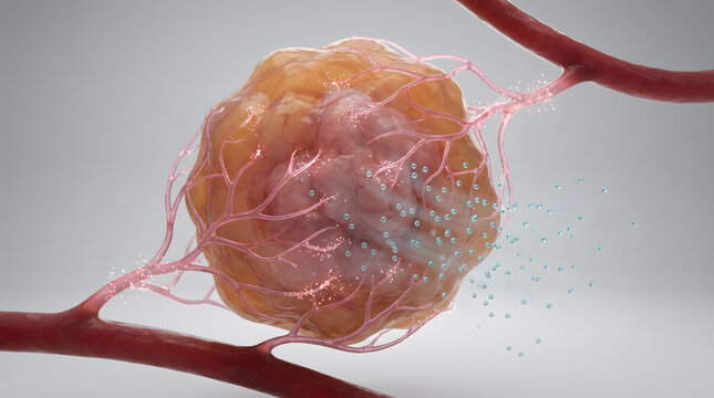 Cancer tumor cell blood vessel drug particle treatment oncology medical research 3D