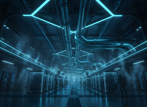 Futuristic industrial server room with neon blue geometric lights overhead, large metal pipes, and glowing glass server racks in a dark, atmospheric sci-fi facility.