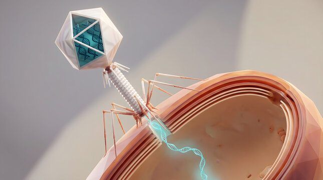 Bacteriophage virus injecting DNA into bacteria cell host infection 3D science render