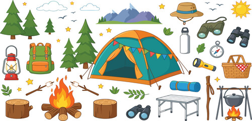 Camping and outdoor adventure vector illustration set with tent backpack campfire mountain and hiking equipment icons © MST HASMOTARA
