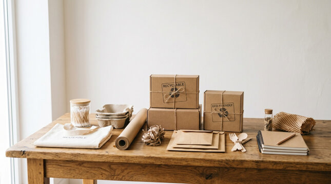 Arrangement of reusable eco items in soft neutral tones