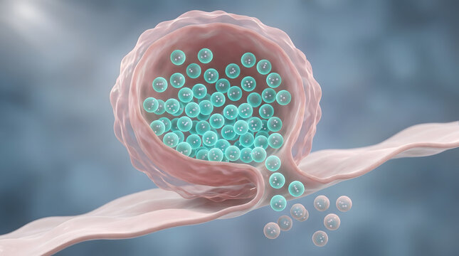 3D cell vesicle releasing teal molecule particle through tube into biological environment