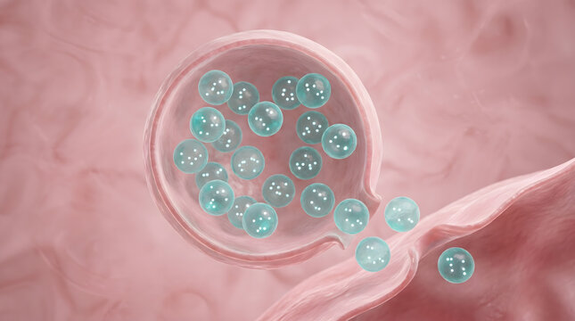 3D cell vesicle releasing teal glowing molecule particle into pink biological fluid environment