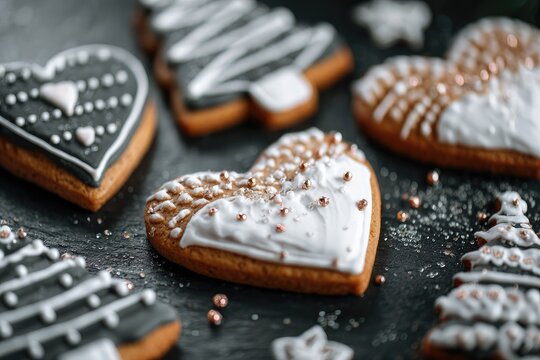 Decorated gingerbread cookies heart tree shapes against dark background