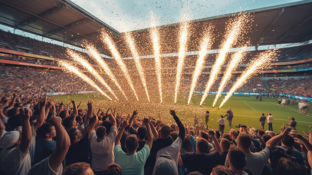Large crowd of people celebrating with sparklers in a packed stadium during