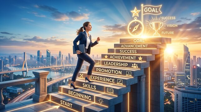 Woman Climbing Career Growth Staircase to Success at Sunrise