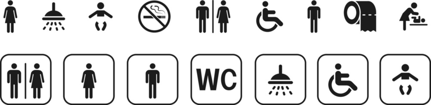 Public place signs. Public restroom symbols, WC. Toilet Room Man and Woman Signs. Person with disabilities and physical injury symbol.No smoking area. Vector