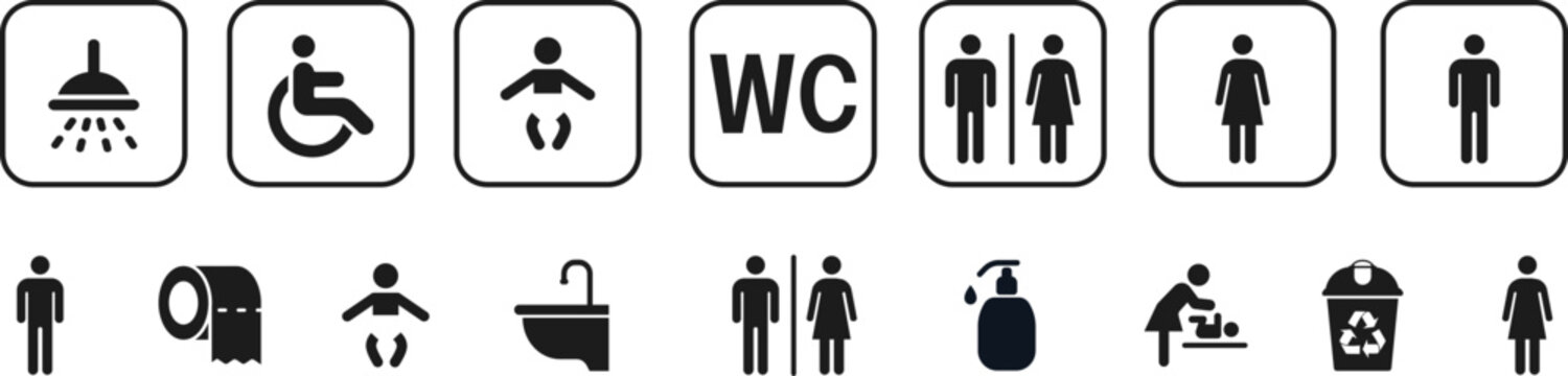 Public place signs. Public restroom symbols, WC. Toilet Room Man and Woman Signs. Person with disabilities and physical injury symbol.Baby changing room facility. Vector