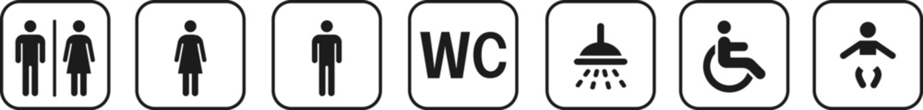 Public place signs. Public restroom symbols, WC. Toilet Room Man and Woman Signs. Person with disabilities and physical injury symbol.Baby changing room facility. Vector
