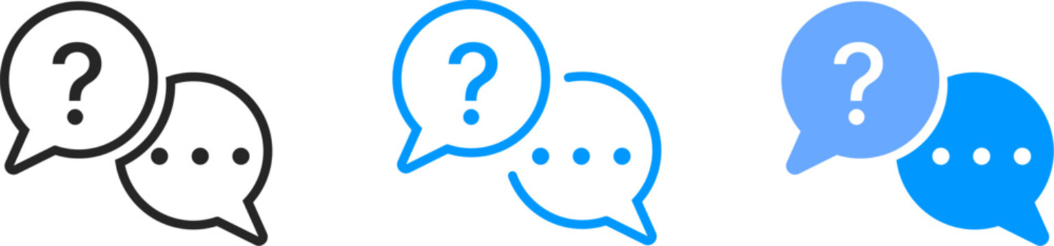 Question mark icon button in speech bubble. Faq signs, customer support, ask and help symbols. Box frames. Empty speech bubbles. Vector